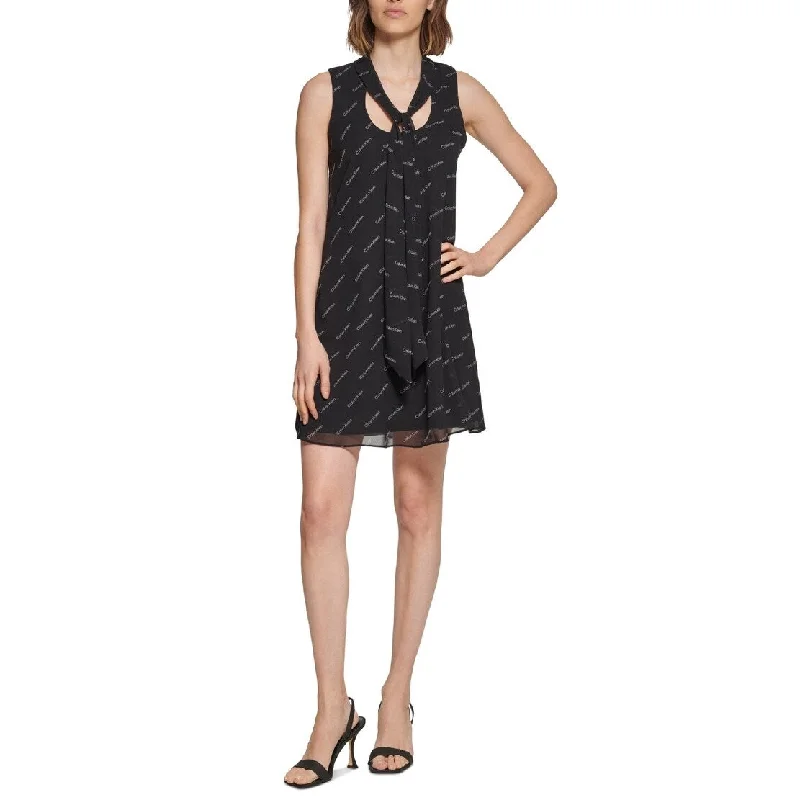 Calvin Klein Women's Logo Print Tie Neck Dress Black Size 10