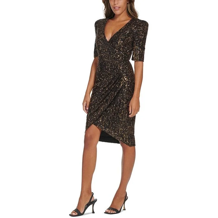 Calvin Klein Women's Sequined V Neck Elbow Sleeve Dress Black Size 12