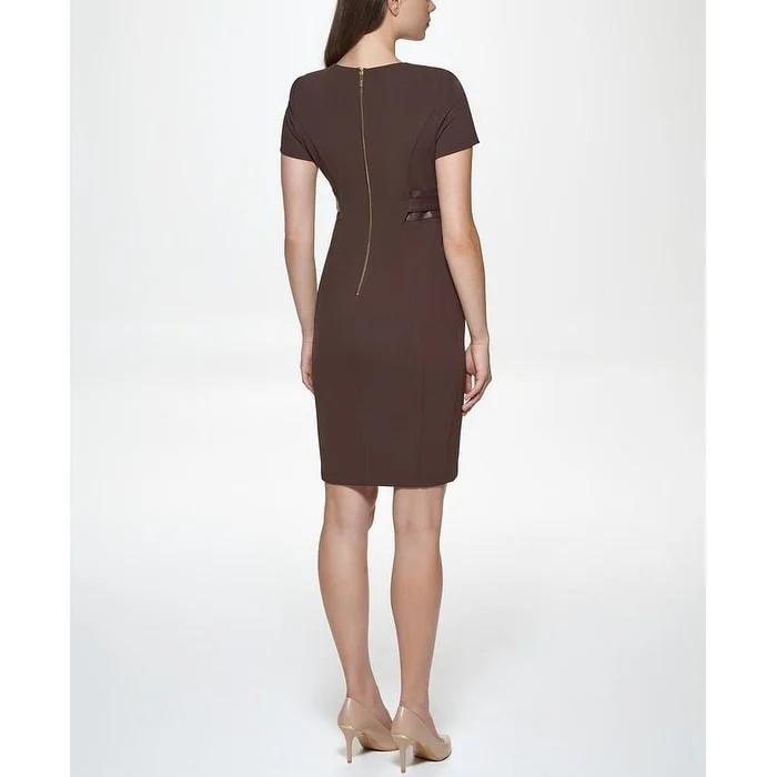 Calvin Klein Women's Solid Faux Leather Tie Waist Sheath Dress Brown Size 4