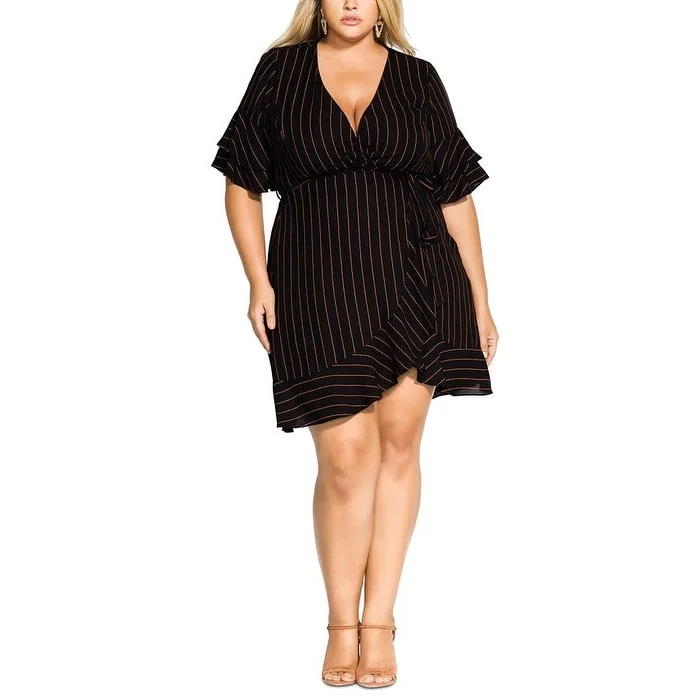 City Chic Women's Golden Stripe Wrap Front Dress Black Size 20W