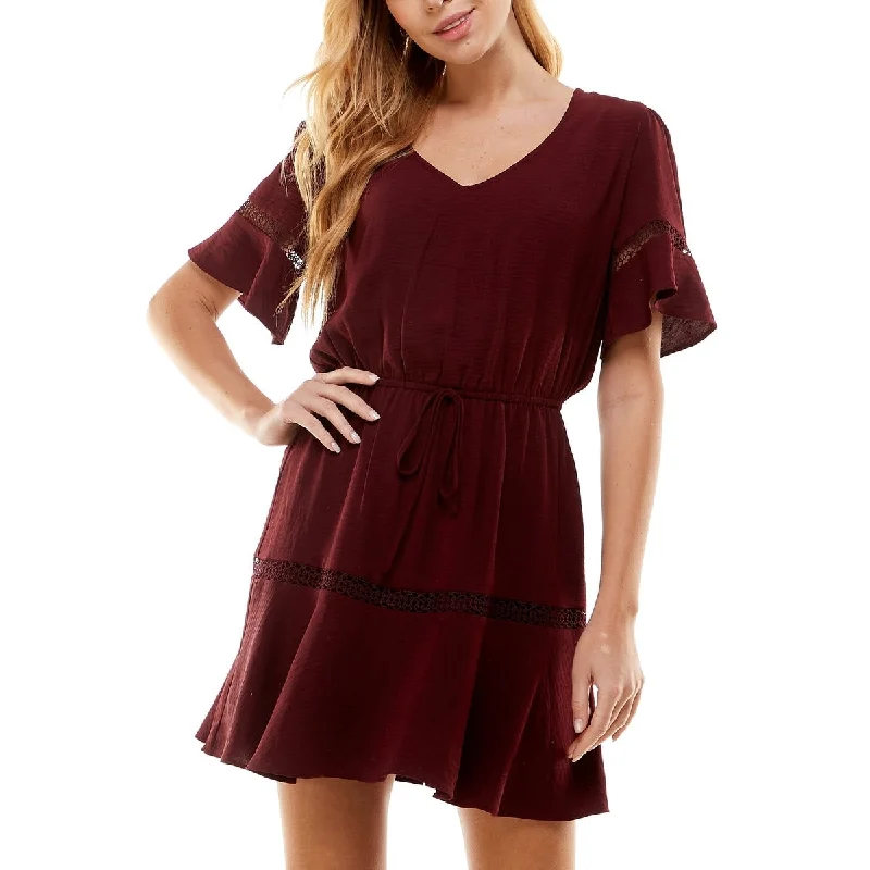 City Studios Junior's Drawstring Waist Crochet Inset Dress Wine Size -M