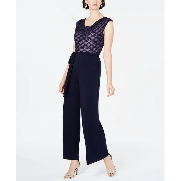 Connected Women's Glitter Illusion Wide Leg Jumpsuit Navy Size 6