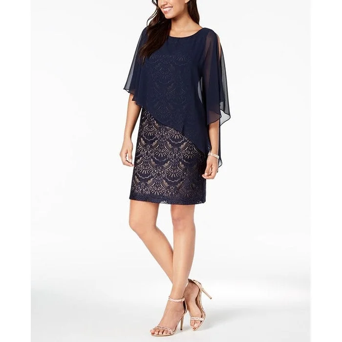 Connected Women's Plus Asymmetric Lace Capelet Dress Blue Size 6