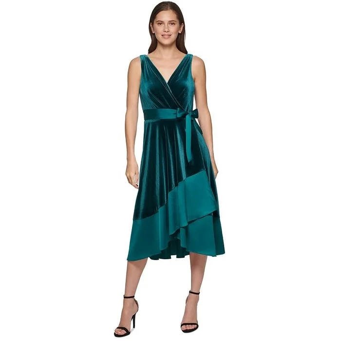 Dkny Women's Mixed Media Surplice V Neck Belted Dress Green Size 2