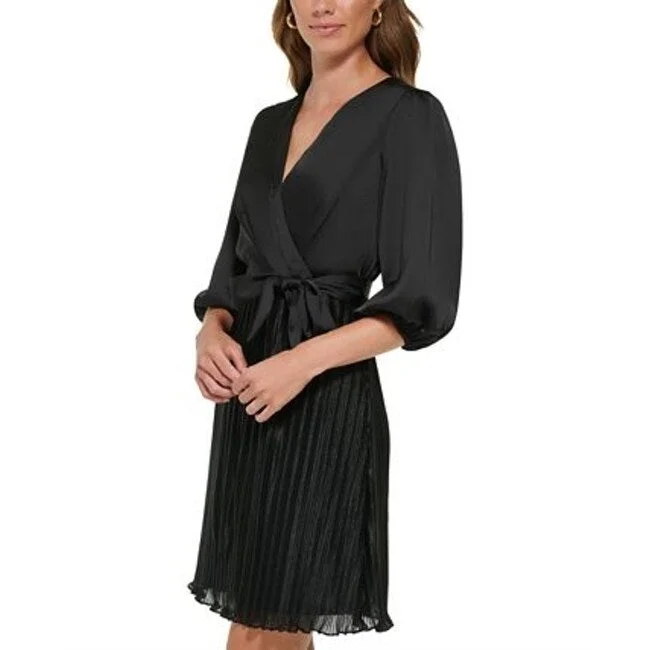 Dkny Women's Pleated Balloon Sleeve Faux Wrap Dress Black Size 16