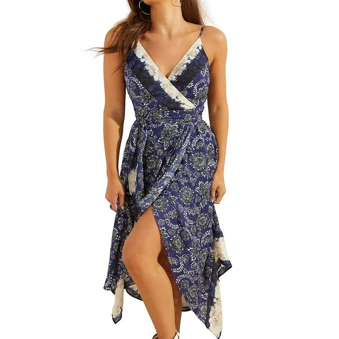 Guess Women's Bali Printed Asymmetric Faux Wrap Dress Blue Size Small