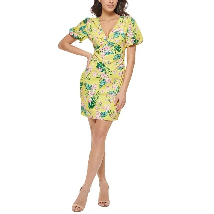 Guess Women's Printed Puff-Sleeve Bodycon Dress Yellow Size 2