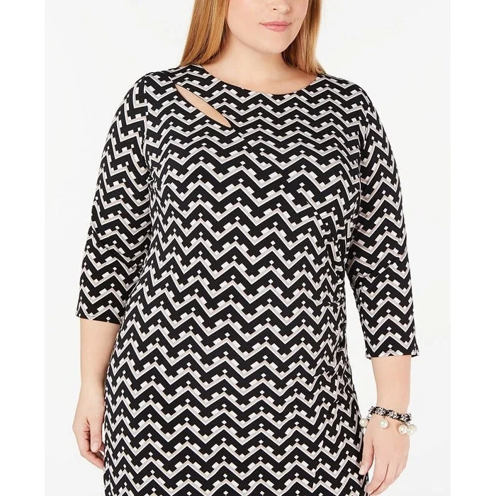 Inc International Concepts Women's Geo Print Cutout Nec Zig Zag Print Dress Black Size 2X