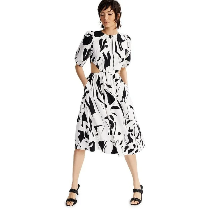 Inc International Concepts Women's Printed Puff Sleeve Cutout Dress White Size Small