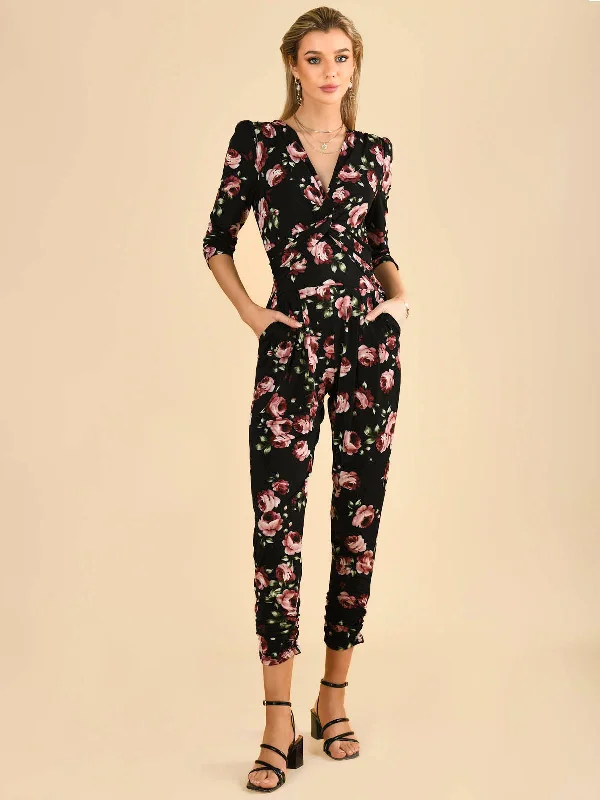 Cheryl Floral Print Jersey Jumpsuit, Black Floral