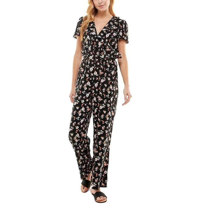 Kingston Juniors' Ruffled Floral Print Jumpsuit Black Size X-Small