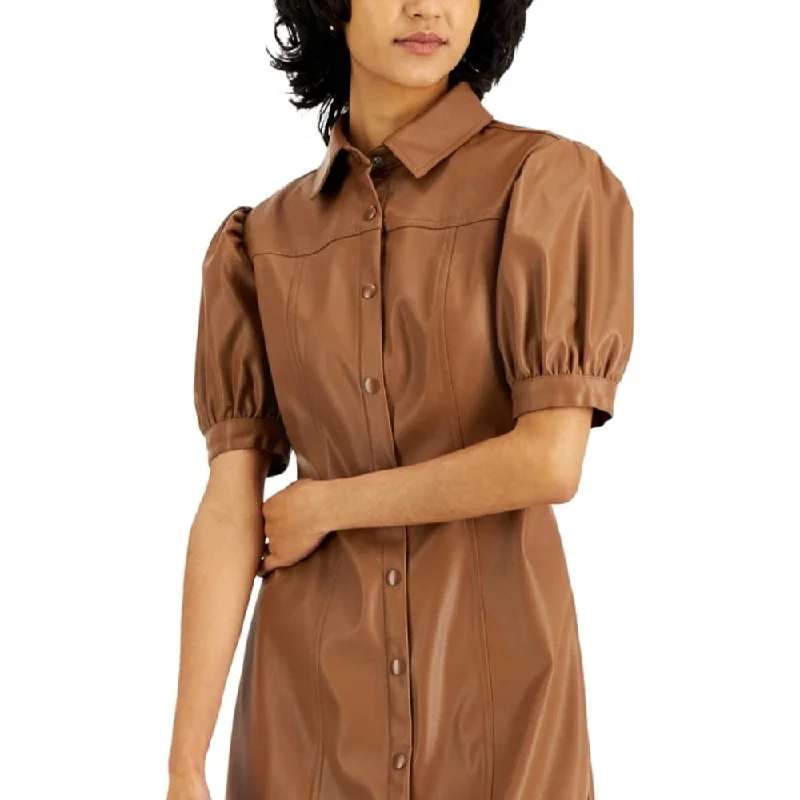 Kit & Sky Junior's Faux Leather Puff Sleeve Button Down Pleated Dress Brown Size Xx-Small