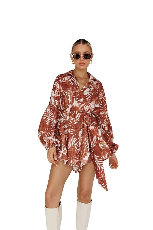 Leaves Print Puff Sleeved Romper