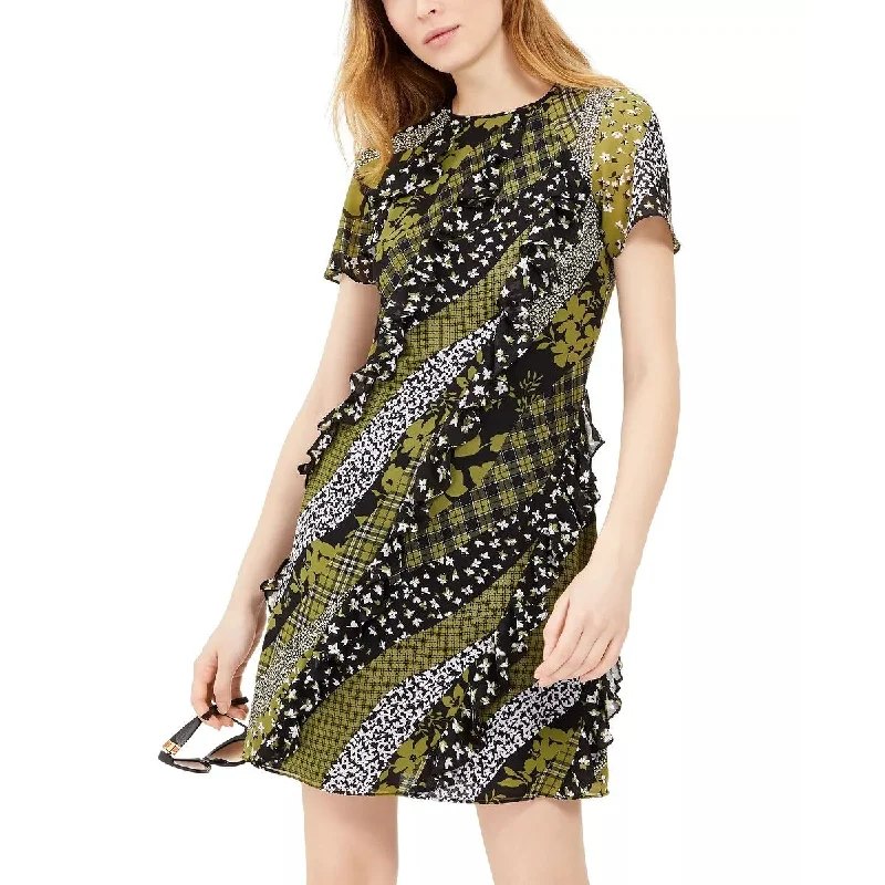 Michael Kors Women's Mixed-Print Ruffled Dress Green Size 6