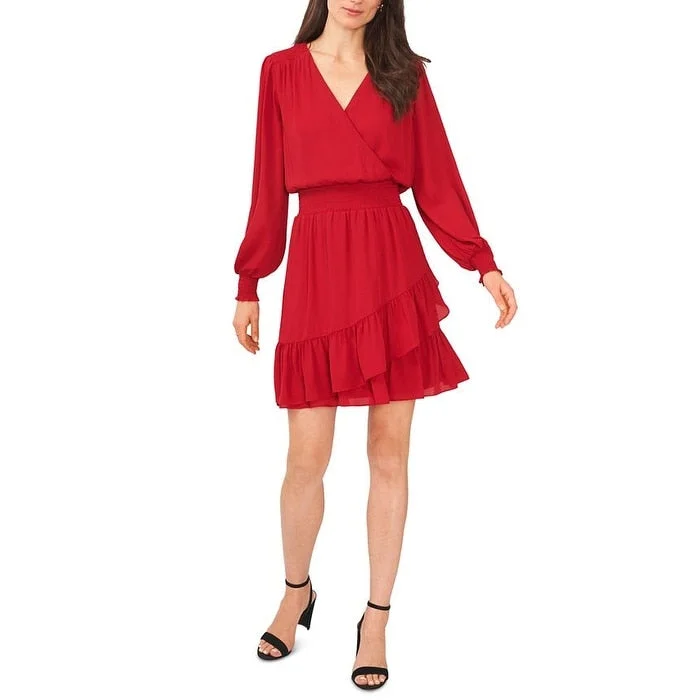 Msk Women's Solid Smocked Waist Ruffled Hem Surplice Neck Dress Red Size Small