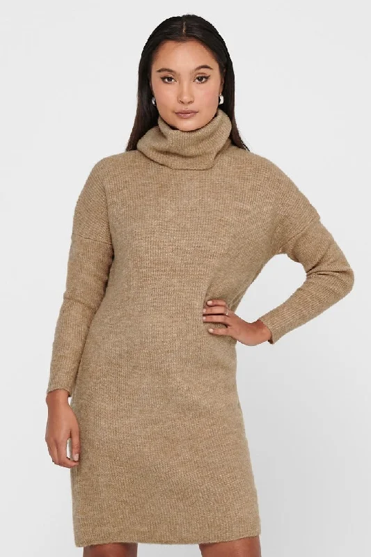 ONLY COWL NECK JUMPER DRESS IN BEIGE