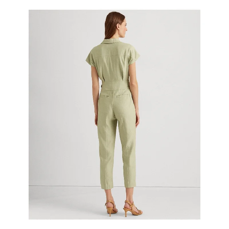 Ralph Lauren Women's Pocketed Drawstring Cuffed Sleeve Round Neck Button Up Cuffed Jumpsuit Green Size 8