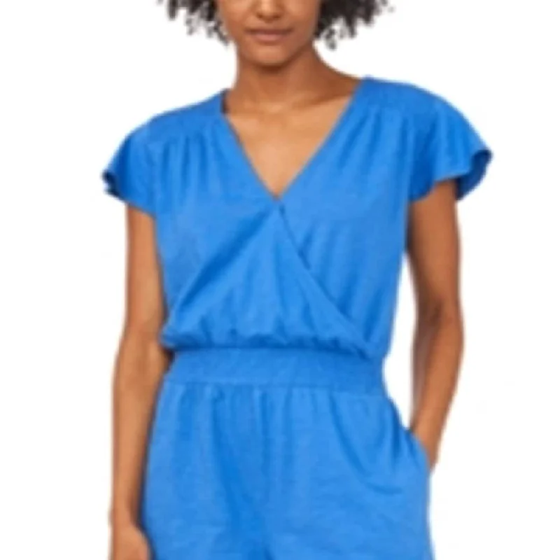 Riley & Rae Women's Stretch Pocketed Smocked Flutter Sleeve Surplice Neckline Romper Blue Size X-Large