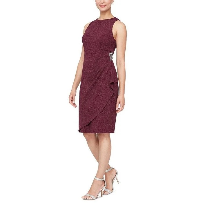 SL Fashions Women's Ruched Embellished Sheath Dress Maroon Size 10