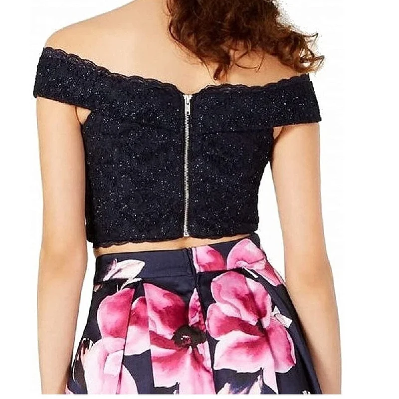 Speechless Women's Off The Shoulder Floral Crop Top Dress Navy Size 1