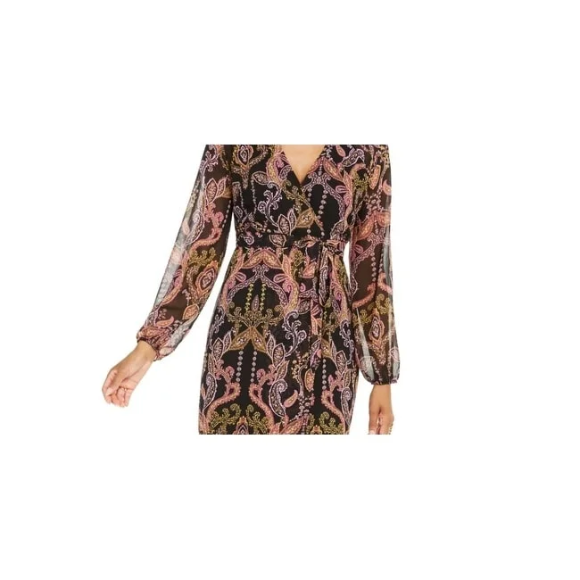 Thalia Sodi Women's Printed Surplice Peasant Dress Black Size Medium