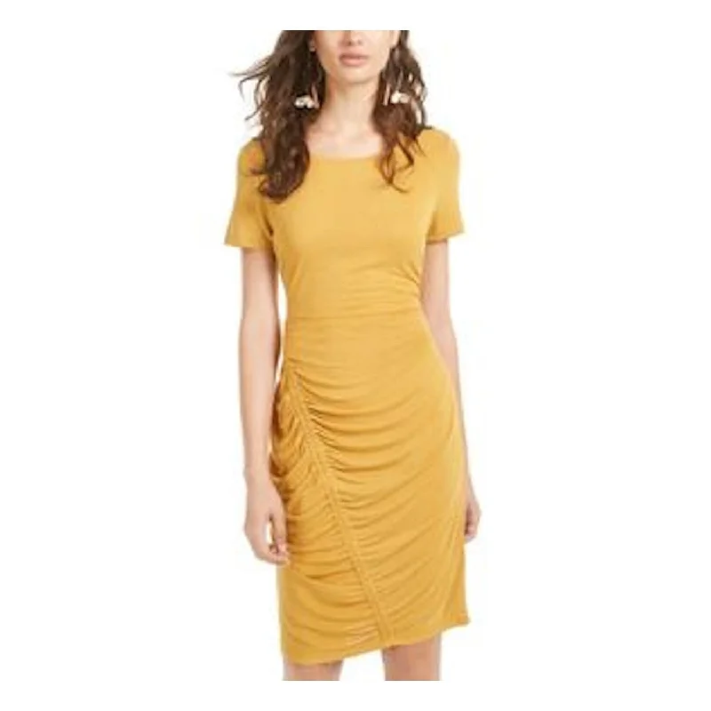 Ultra Flirt Junior's Ruched Short Sleeve Jewel Neck Short Sheath Dress Yellow Size Small