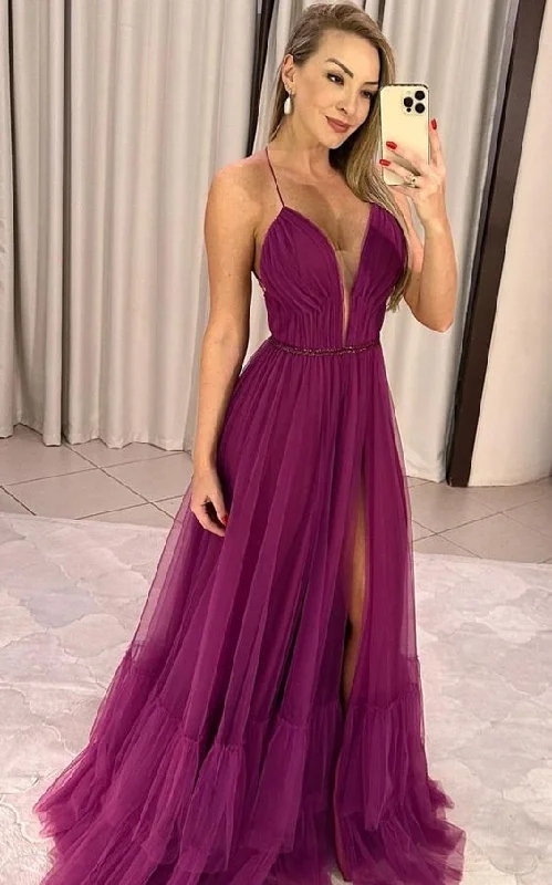 A line tulle prom dresses,long graduation dress     S4063