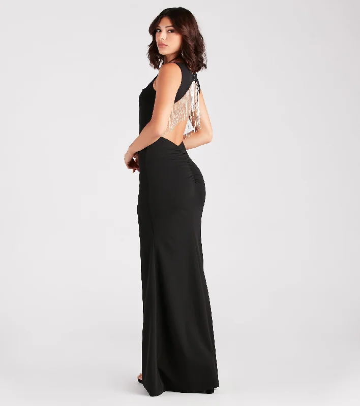 Bella Formal Crepe Rhinestone Open Back Dress