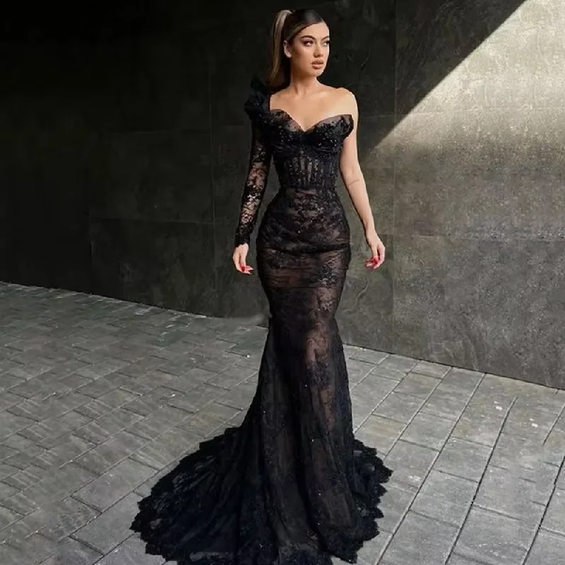 Elegant Long Black Mermaid Prom Dress One Sleeve Sweetheart Lace Evening Gowns Party Graduation Dresses Vestido De Noche 2024