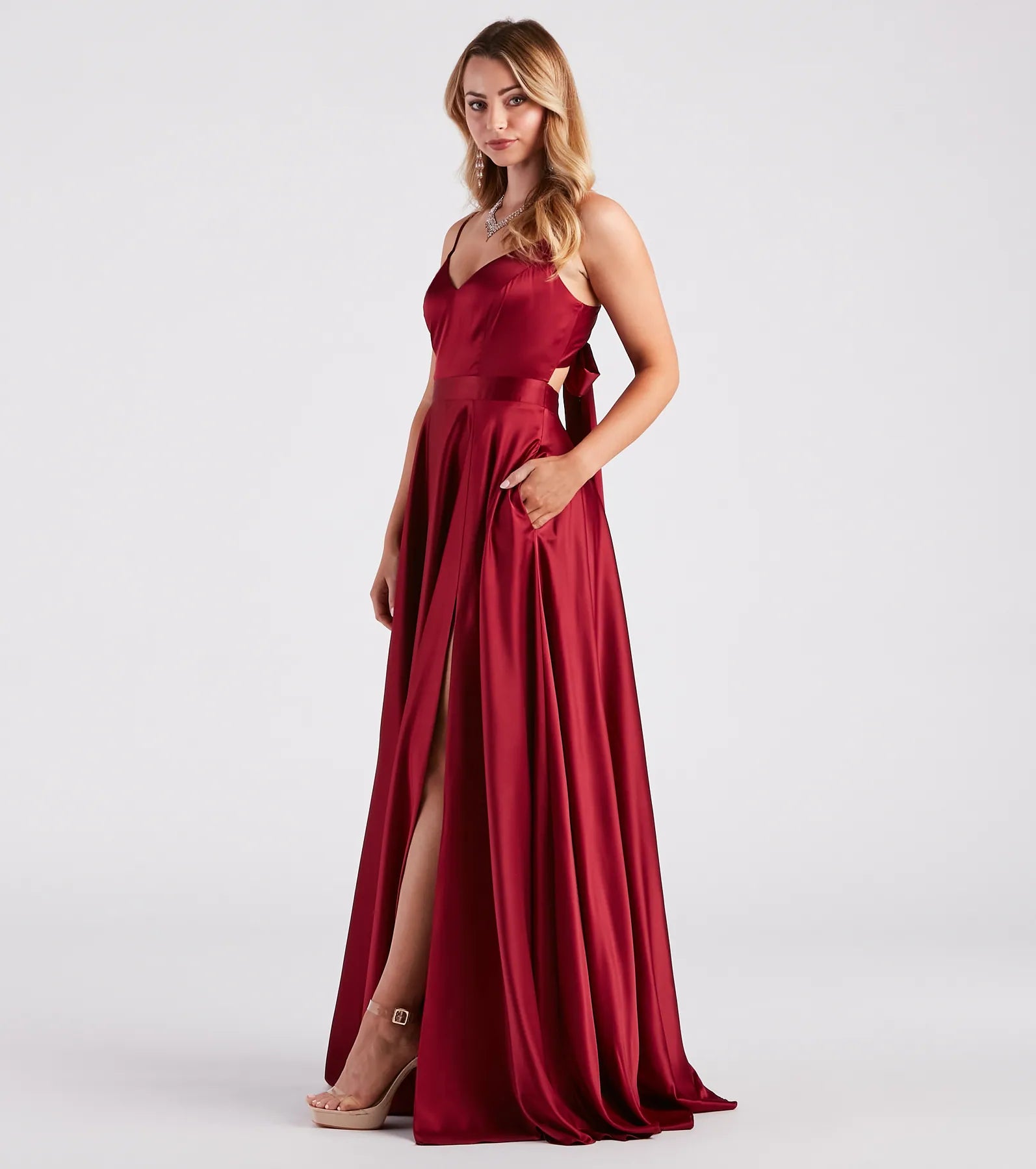 Emilie Formal Satin A-Line Dress With Pockets