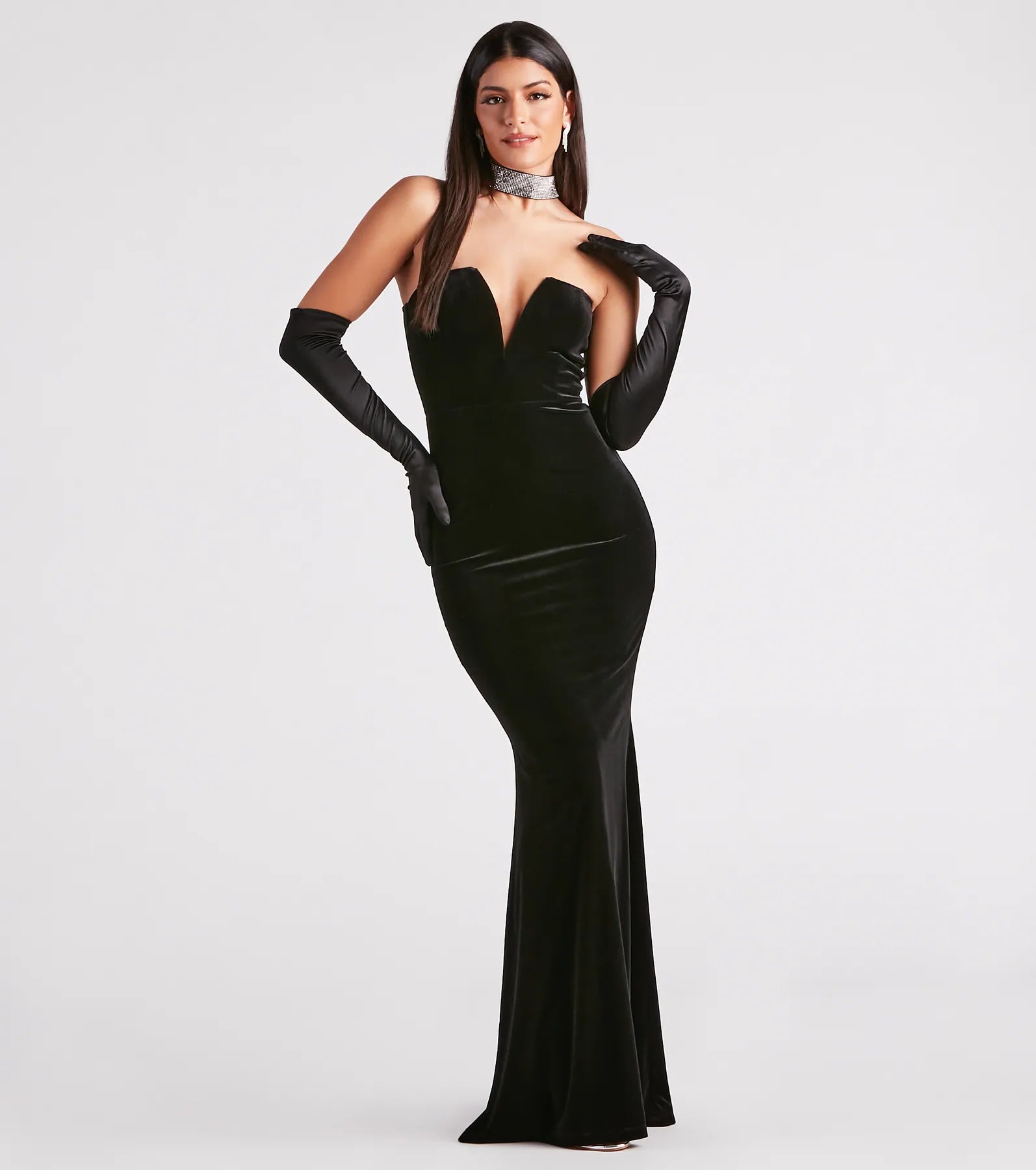 Gemma Rhinestone Collar Velvet Strapless Mermaid Dress