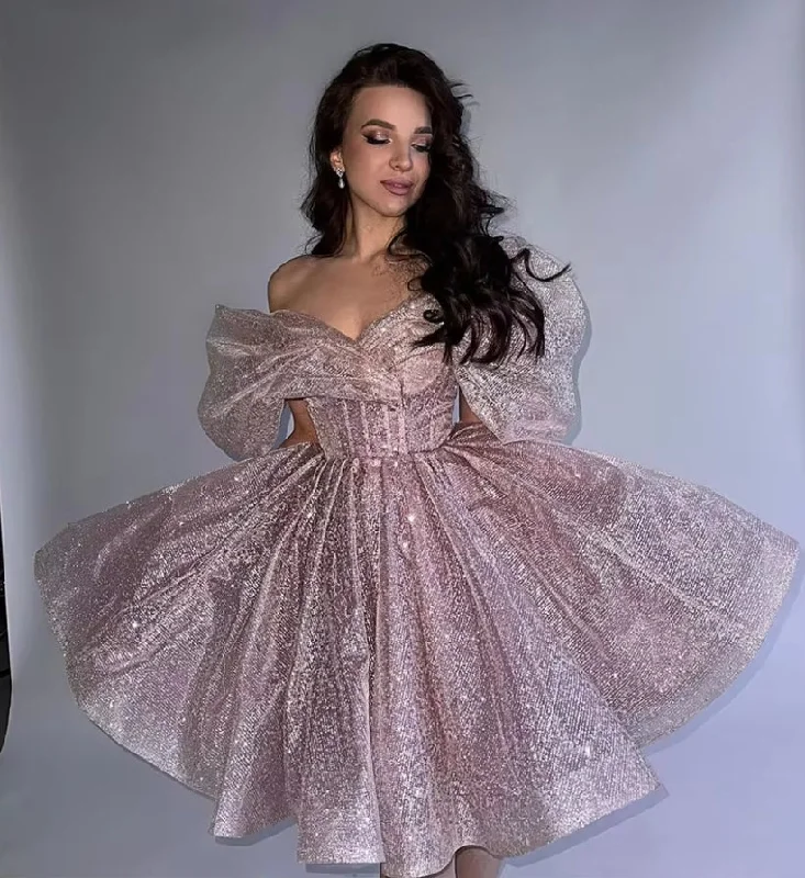 Glitter Tulle Prom Dresses Off The Shoulder Shinny Short Pink Party Sparkly Dress Corset Back Plus Size Evening Gown 2024