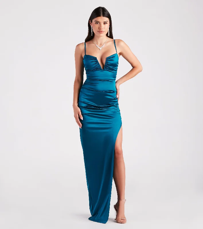 Jessa Formal Satin V-Neck Slit Dress