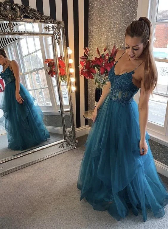 Long Prom Dresses A Line Blue Tulle Lace Appliques Formal Evening Dresses      S4052