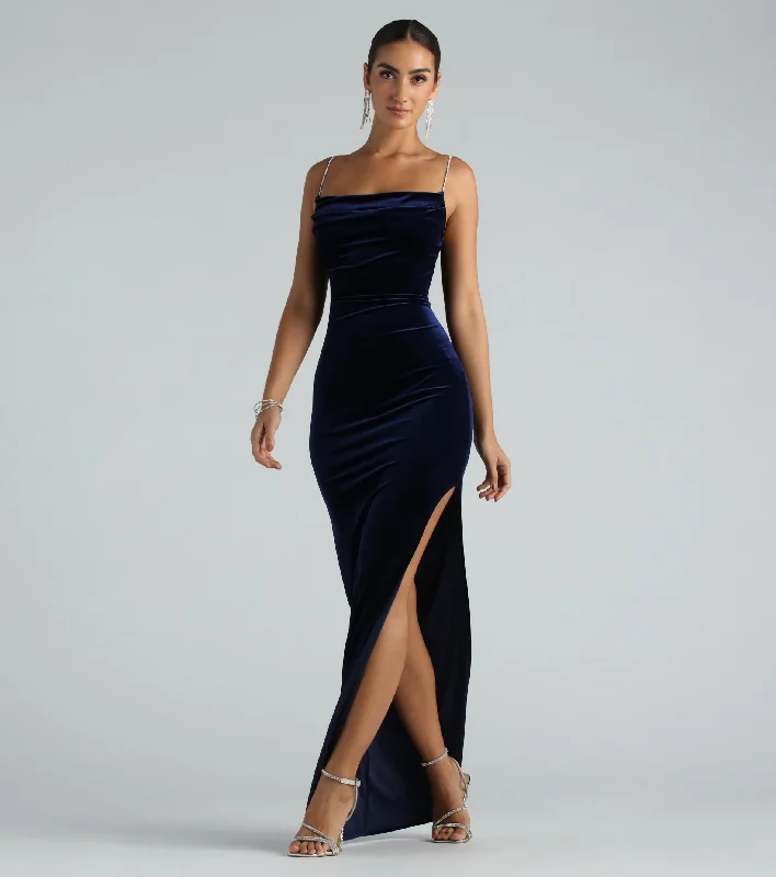 Penny Formal Velvet Rhinestone Strap Long Dress