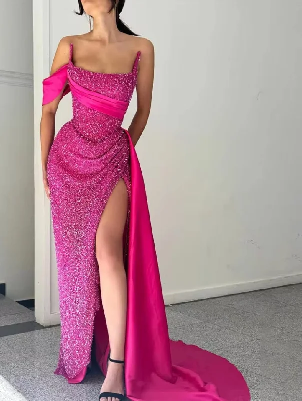 Pink Evening Gown Mermaid Sexy Elegant Prom Dresses Sequin Satin Pleat O-Neck Split Wedding Evening Dress robes de soirée