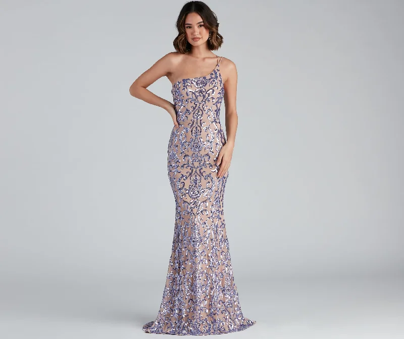 Norvina Sequin Scroll One-Shoulder Mermaid Formal Dress