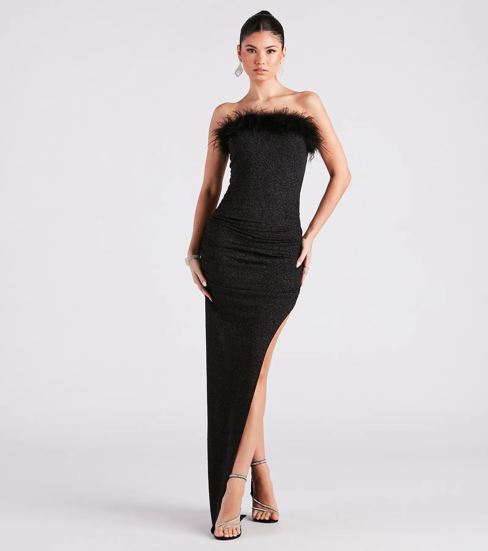 Rosaline Formal Glitter Marabou Strapless Dress