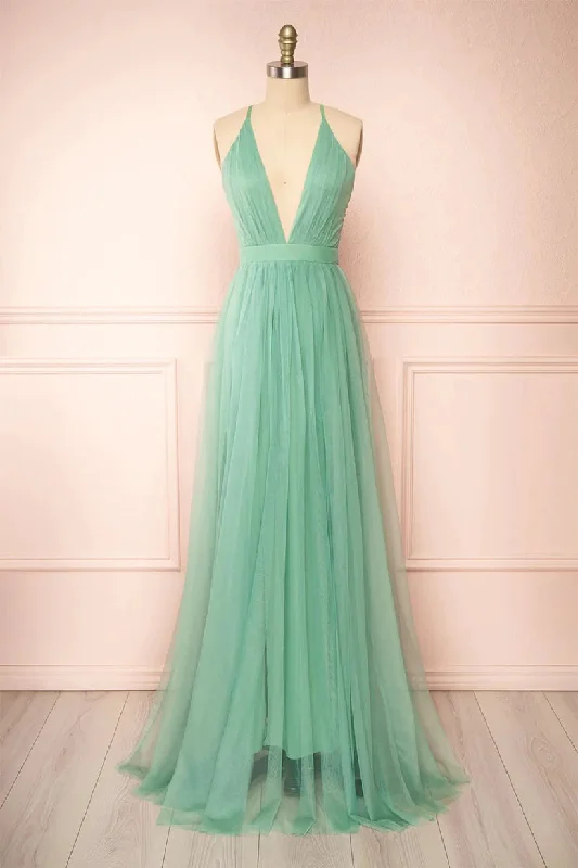 Sage Green V-neck Tulle Long Prom Dress, Simple Backless Evening Dress      S4813