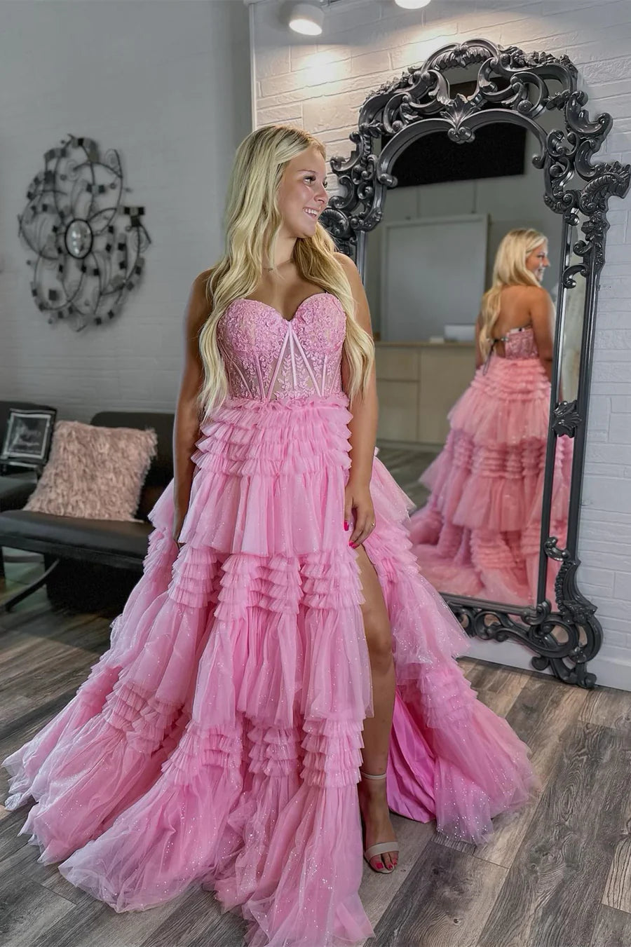 Sweetheart Pink Lace Appliques Tiered Long Formal Dress       S4398