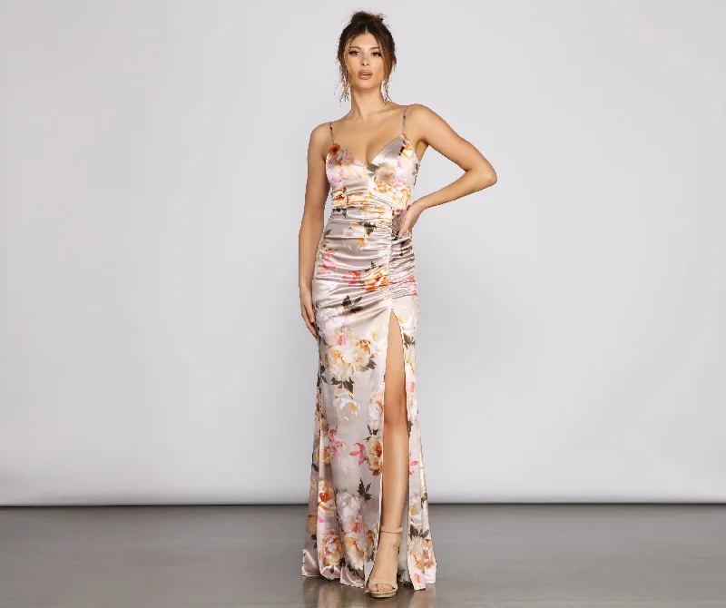 Taylor Satin Floral High-Slit Dress