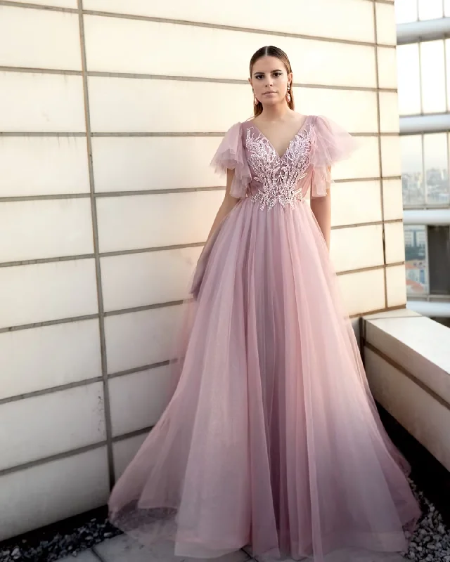 Tulle V-neck Luxury Prom Dresses Ruffles Short Sleeve Sequins Appliques Quinceanera Dress Elegant Backless Ruched Party Gowns