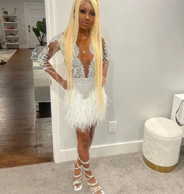 White Sparkling Short Homecoming Dress African Girls Rhinestone Sequins Feather Party Dresses New See Through O Neck Dresses