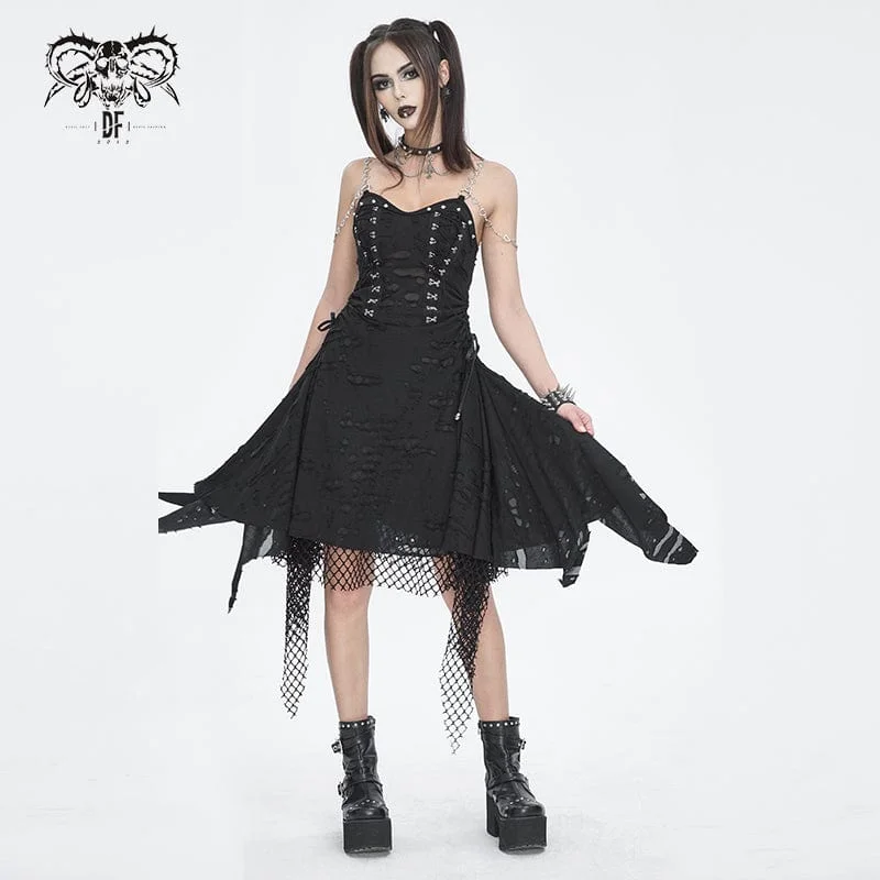 Women's Gothic Mesh Stud Ripped Hem Slip Dress