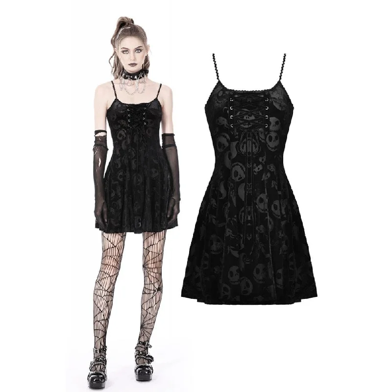 Women's Gothic Skull Printed Velvet Slip Dress