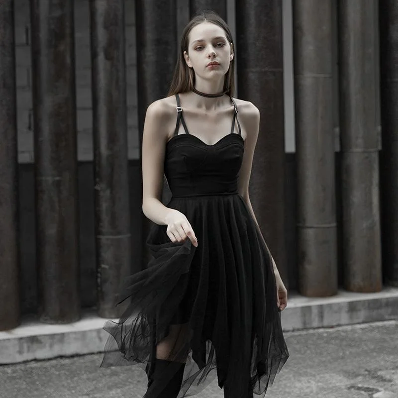 Women's Punk Asymmetry Hem Mesh Slip Dress