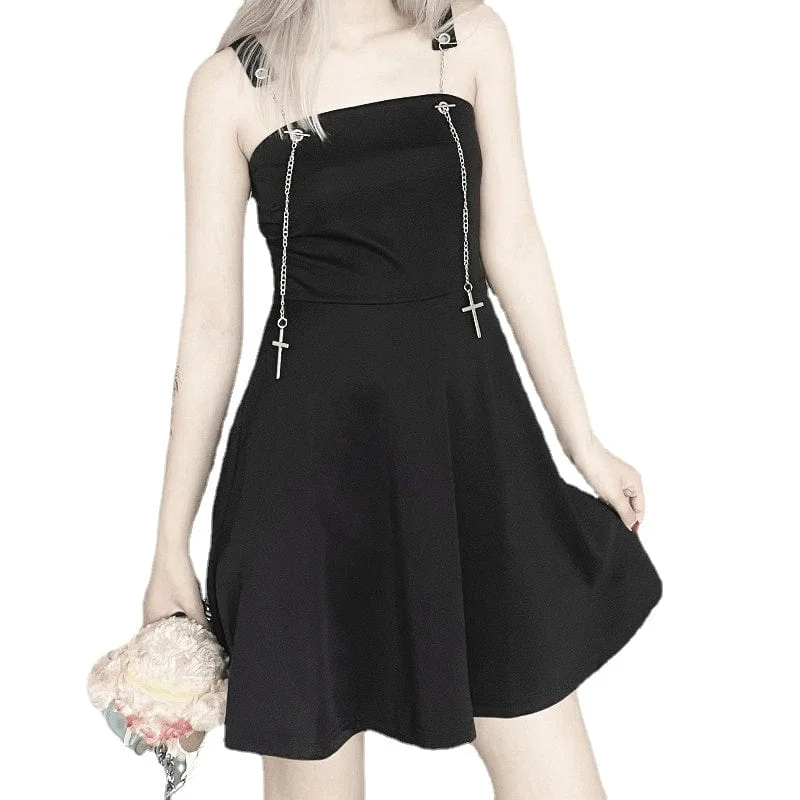 Women's Punk Black Slip Dress with Cross Chain