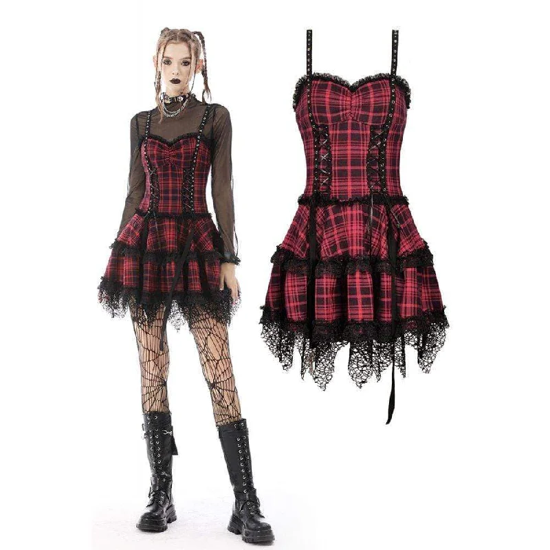 Women's Punk Lace Hem Plaid Layered Slip Dress