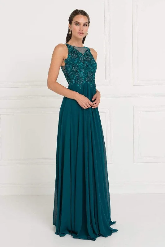 Elizabeth K - GL1570 Embroidered Illusion Halter Chiffon A-line Dress