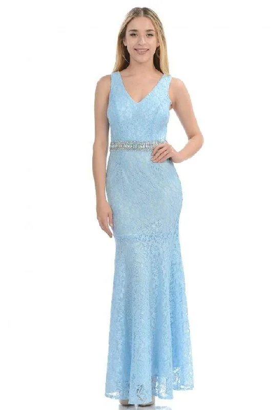 Lenovia - 5144 Embellished Lace V-neck Trumpet Dress